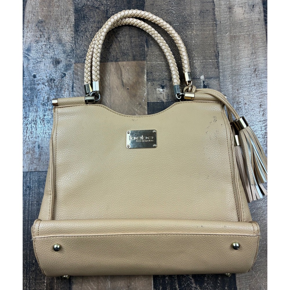 Bebe Satchel Handbag Womens Tan Pebbled Faux Leather Gold Hardware Tassel Good